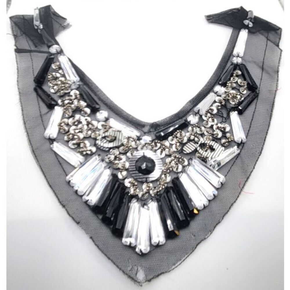 Applique  Black Silver Rhinestone Collar Applique 10in long by 7in wide